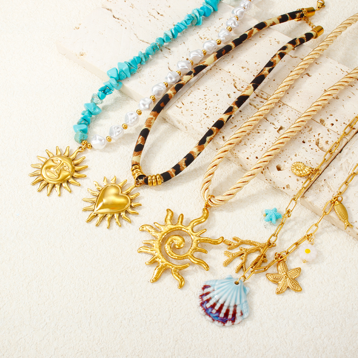 夏日海洋沙滩性感豹纹不锈钢镀金吊坠项链