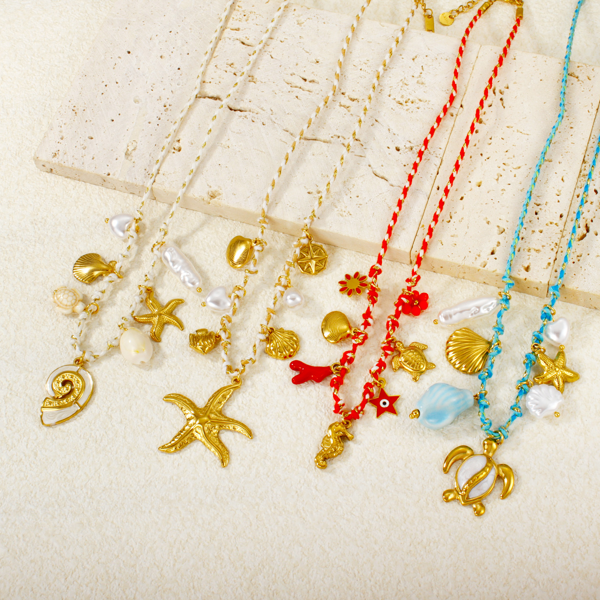 金海星珍珠心形花朵吊坠多色编织项链